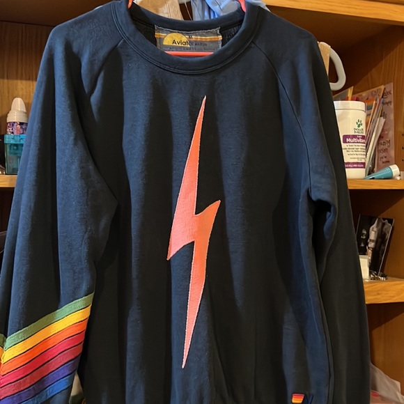 Aviator nation navy sweatshirt w/ pink bolt and stripe design on arm GUC beachy - Picture 6 of 12